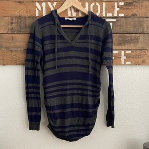 Motherhood Maternity Gray and Navy Stripe Long Sleeve Hooded Shirt